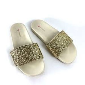 J.Crew Crewcuts Girls Gold Sparkle Slide Sandals Pool Size 10 K10 AV748 NWT